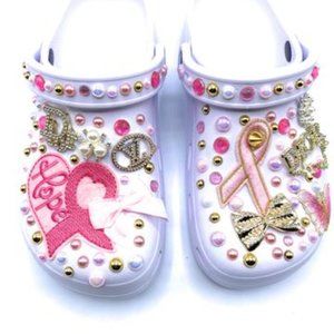 Breast Cancer Awareness Customized White Clogs with Pink Beads and Charms
